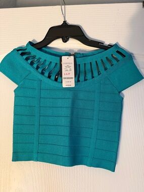 Bebe Teal Cutout Bandage Crop Top.